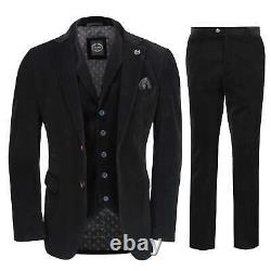 Mens Corduroy 3 Piece Suit Black Classic Tailored Fit Jacket Waistcoat Trousers