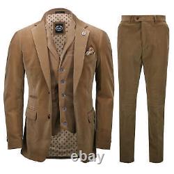 Mens Corduroy 3 Piece Suit Tan Classic Tailored Fit Jacket Waistcoat Trousers