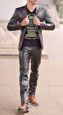 Mens Cowhide Leather Suit Slim Fit Fashion Premium Genuine Leather Mens Suit