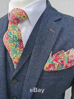 Mens Designer Blue Herringbone Slim Fit 3 Piece Tweed Suit Wedding Perfect