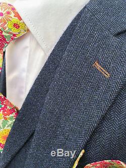 Mens Designer Blue Herringbone Slim Fit 3 Piece Tweed Suit Wedding Perfect