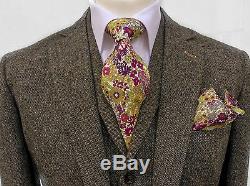 Mens Designer Brown Herringbone Slim Fit 3 Piece Tweed Suit Wedding Perfect