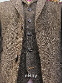 Mens Designer Brown Herringbone Slim Fit 3 Piece Tweed Suit Wedding Perfect