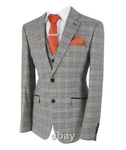 Mens Designer QUINCY Stone Brown Slim Fit Retro Check Office Wedding Formal Suit