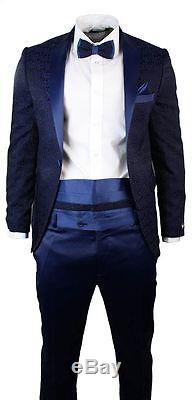 Mens Embroidery Blue Wedding Party Suit Tuxedo Bow Tie Cummerbund Slim Fit