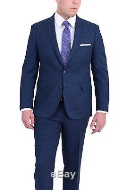 Mens Extra Slim Fit Blue Windowpane Two Button Wool Blend Suit