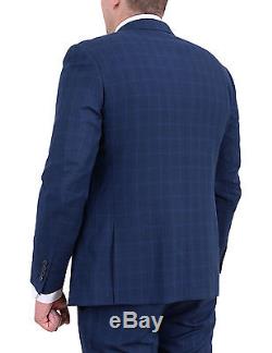 Mens Extra Slim Fit Blue Windowpane Two Button Wool Blend Suit