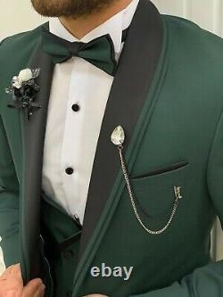 Mens Green Wedding Suit 3 Piece Slim Fit Suit Elegant Evening Party Coat Pants