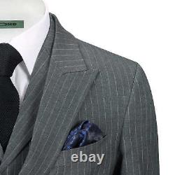Mens Grey 3 Piece Double Breasted Pinstripe Suit Retro Blazer Waistcoat Trousers