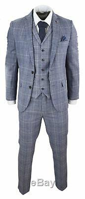 Mens Grey Blue Prince Of Wales Check Suit 3 Piece Tweed Peaky Blinders Slim Fit