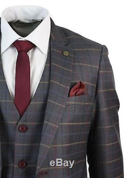 Mens Grey Burgundy Check Retro Vintage 3 Piece Slim Fit Designer Suit