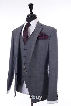 Mens Grey Check Suit Slim Fit 3 Piece Wedding Formal 46R W40 L31