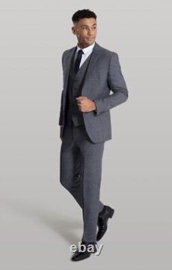 Mens Grey Checked Three Piece Suit Slim Fit Tom Percy RRP £329.99