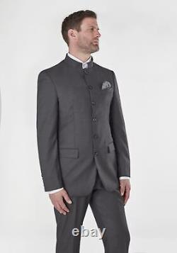 Mens Grey Chinese Grandad Collar 3 Piece Suit Fitted Nehru Jacket Wedding Party