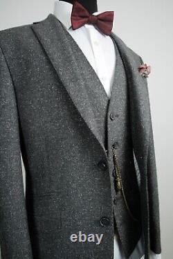 Mens Grey Tweed 3 Piece Suit Vintage Slim Fit Wool Silk 42R W36 L31