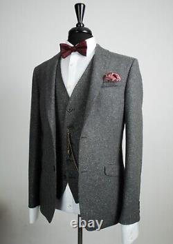 Mens Grey Tweed 3 Piece Suit Vintage Slim Fit Wool Silk 42R W36 L31