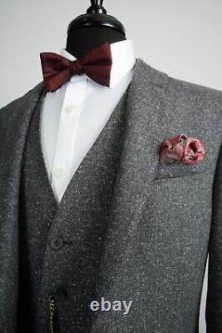 Mens Grey Tweed 3 Piece Suit Vintage Slim Fit Wool Silk 42R W36 L31