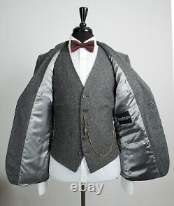 Mens Grey Tweed 3 Piece Suit Vintage Slim Fit Wool Silk 42R W36 L31