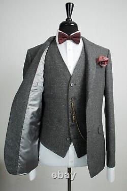 Mens Grey Tweed 3 Piece Suit Vintage Slim Fit Wool Silk 42R W36 L31