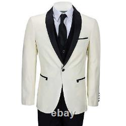 Mens Ivory Black 3 Piece Tuxedo Suit Wedding Prom Grooms wear Retro Tailored Fit