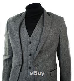 Mens Light Grey Herringbone Tweed Vintage Slim Fit 3 Piece Formal Suit Black Tri