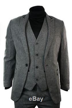 Mens Light Grey Herringbone Tweed Vintage Slim Fit 3 Piece Formal Suit Black Tri