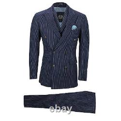 Mens Navy 3 Piece Double Breasted Chalk Stripe Suit Classic Vintage Tailored Fit