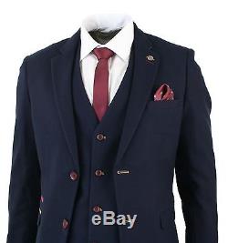 Mens Navy Blue Slim Fit Tweed 3 Piece Suit Smart Formal Fitted Wine Burgundy