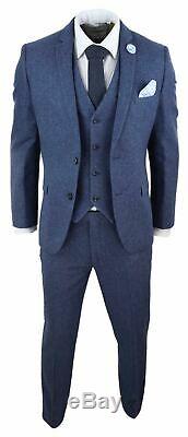 Mens Navy Wool Tweed 3 Piece Suit Slim Fit Classic Vintage Retro Peaky Blinders