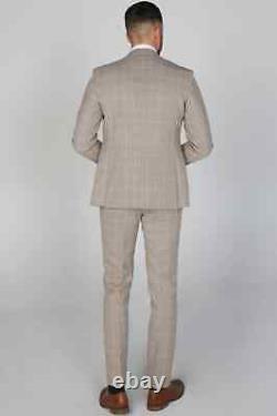 Mens Paul Andrew Holland Beige Slim Fit Check Tweed Wedding 3 Piece Suit 36-52