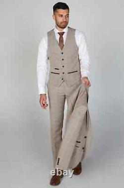 Mens Paul Andrew Holland Beige Slim Fit Check Tweed Wedding 3 Piece Suit 36-52