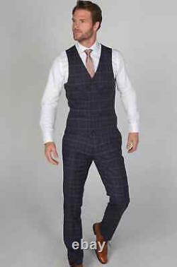 Mens Paul Andrew Kenneth Navy Slim Fit Check Tweed Wedding 3 Piece Suit 36-52