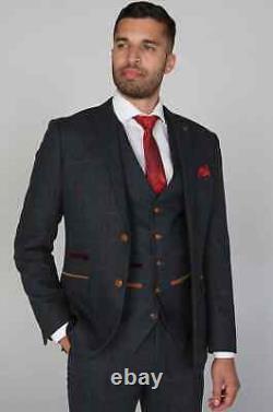 Mens Paul Andrew Madrid Navy Slim Fit Check Tweed Wedding 3 Piece Suit 36-52