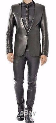 Mens Premium Cowhide Leather Suit Slim Fit Fashion Genuine Leather Mens Suit