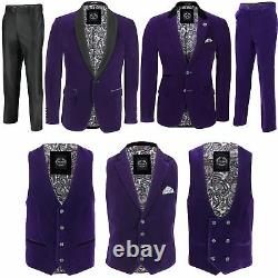 Mens Purple Velvet Vintage 3 Piece Suit Tuxedo Blazer Coat Waistcoat Trouser
