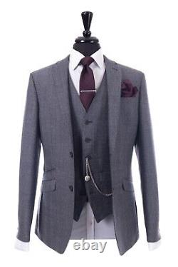 Mens Quality Grey Blue Check Wedding Suit Slim Fit 3 Piece 38R W32 L31