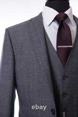 Mens Quality Grey Blue Check Wedding Suit Slim Fit 3 Piece 38R W32 L31