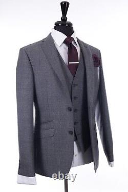Mens Quality Grey Blue Check Wedding Suit Slim Fit 3 Piece 38R W32 L31