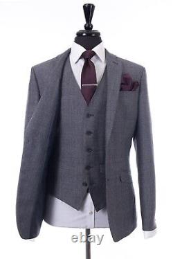 Mens Quality Grey Blue Check Wedding Suit Slim Fit 3 Piece 38R W32 L31