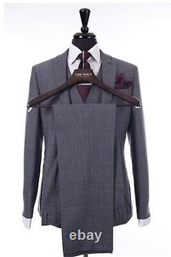 Mens Quality Grey Blue Check Wedding Suit Slim Fit 3 Piece 38R W32 L31