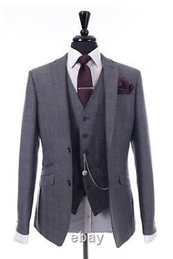 Mens Quality Grey Blue Check Wedding Suit Slim Fit 3 Piece 38R W32 L31