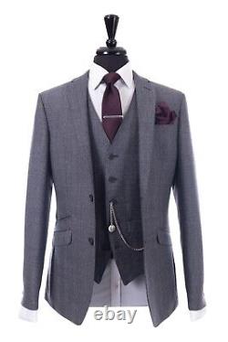 Mens Quality Grey Blue Check Wedding Suit Slim Fit 3 Piece 42R W36 L31