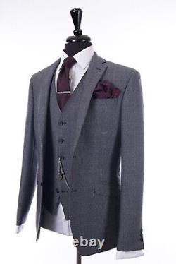 Mens Quality Grey Blue Check Wedding Suit Slim Fit 3 Piece 44R W38 L31