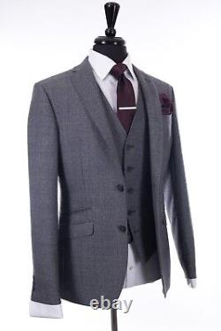 Mens Quality Grey Blue Check Wedding Suit Slim Fit 3 Piece 44R W38 L31