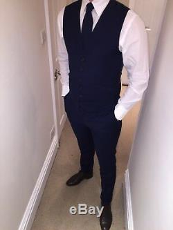 Mens Reiss London Navy Blue Slim Fit 3 Piece + Tie Suit 38r W32 X L32