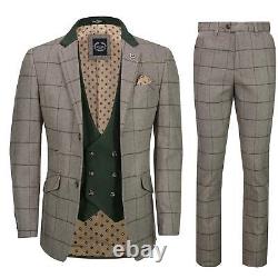 Mens Retro 3 Piece Tweed Herringbone Beige Green Check Smart Tailored Fit Suit