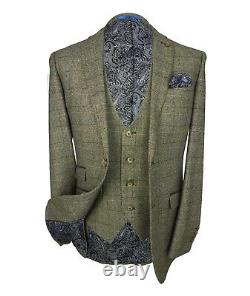 Mens' Robert Simon Check Tweed Suit Slim Fit Peaky Blinder Suit Tan Brown Beige