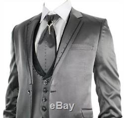 Mens Shiny Slim Fit Wedding Party Suit Grey Black Trim 4 Piece Lapels W Daimonte