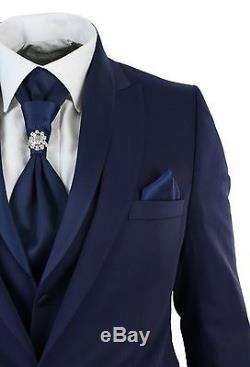 Mens Slim Fit 3 Piece Wedding Prom Party Blue 1 Button suit (Coat+Vest+Pant)