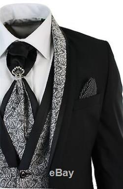 Mens Slim Fit Black Shawl Collar Wedding Party 4 Piece Suit Grey Silver Paisley